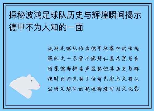 探秘波鸿足球队历史与辉煌瞬间揭示德甲不为人知的一面