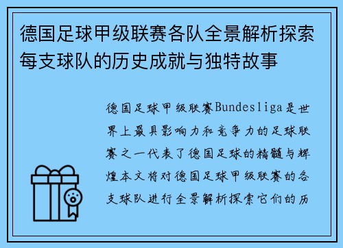 德国足球甲级联赛各队全景解析探索每支球队的历史成就与独特故事
