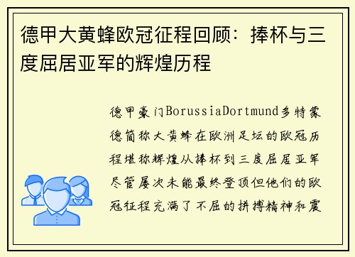 德甲大黄蜂欧冠征程回顾：捧杯与三度屈居亚军的辉煌历程