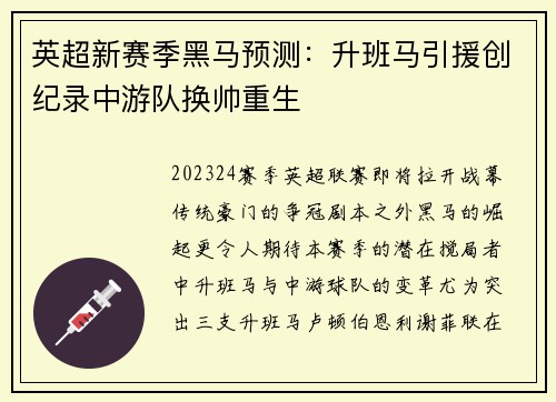 英超新赛季黑马预测：升班马引援创纪录中游队换帅重生